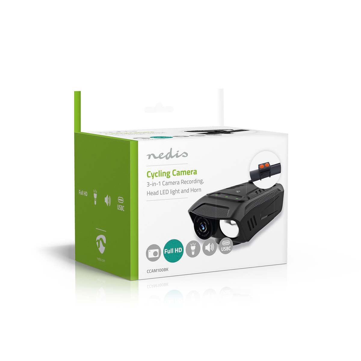 Nedis 3-in-1 Full HD Cycling Camera with Bike LED Head Light & Horn, 1080p 2MP, 600lm Night Mode, Waterproof, USB-C, 10hr Battery, MicroSD Slot � Black