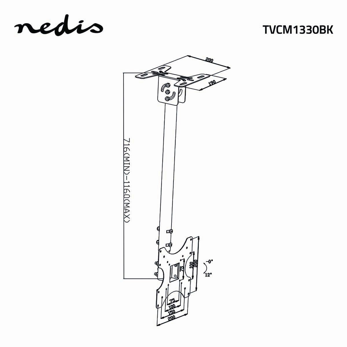 Nedis Full Motion TV Ceiling Mount | 26 - 42 " | Maximum supported screen weight: 20 kg | Tiltable | Rotatable | Minimum ceiling distance: 716 mm | Maximum ceiling distance: 1160 mm | 1 Pivot point(s) | Steel | Black