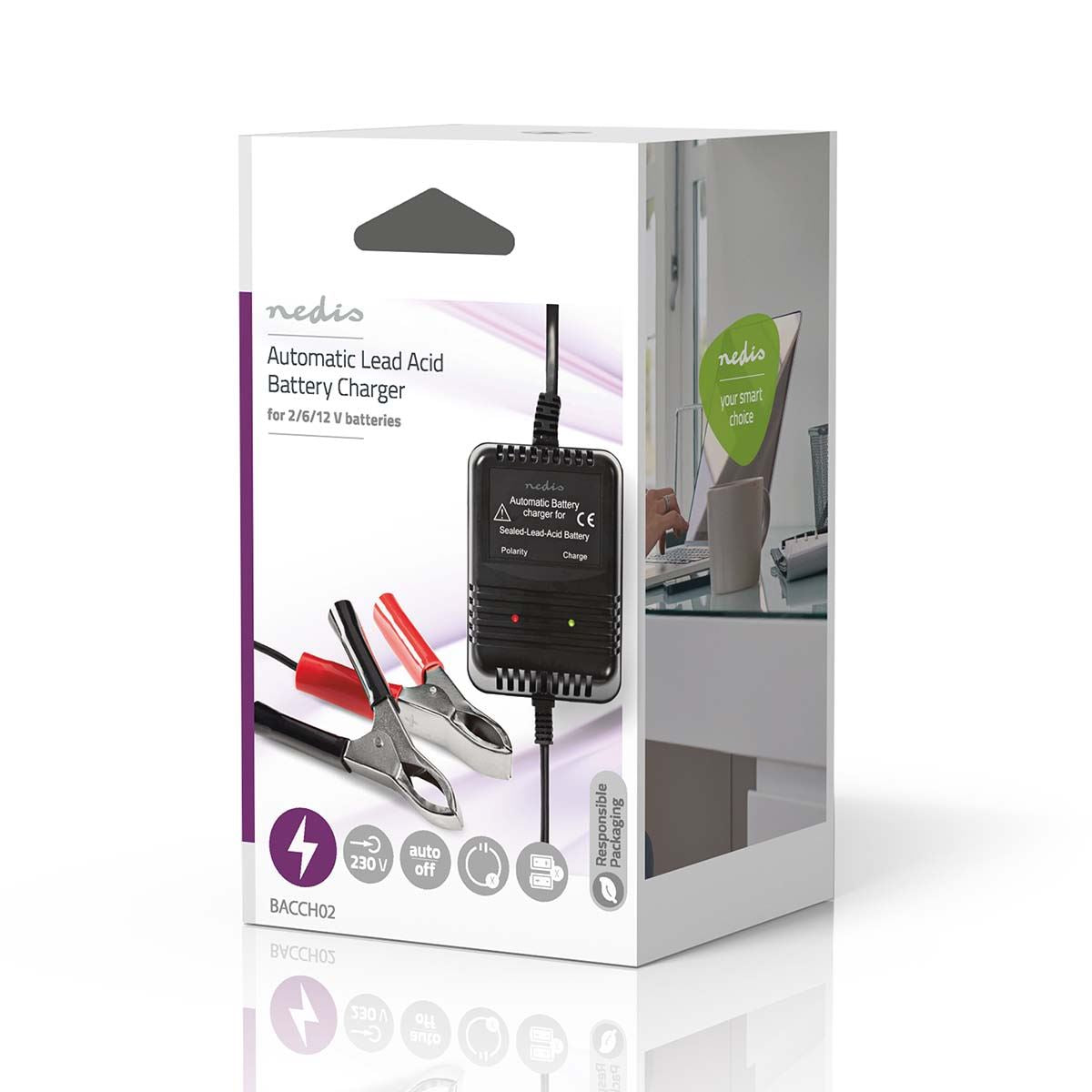 Nedis Lead-Acid Battery Charger | 2.3 / 6.9 / 13.8 V DC | 0.6 A | Trickle charging | Battery Clamps | Battery type: AGM / Gel / Lead Acid / SLA / VRLA | Black