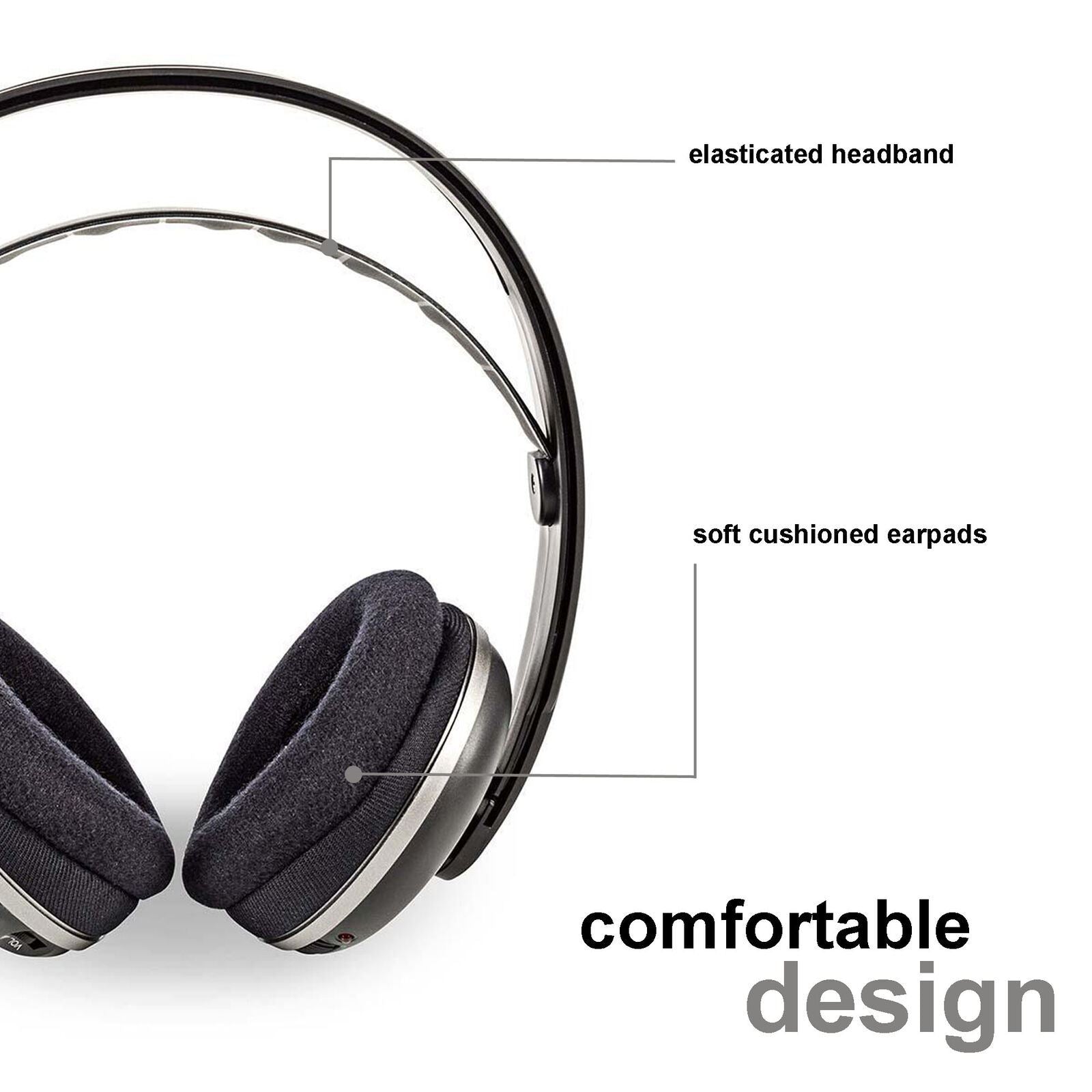 Nedis Wireless TV Headphones | RF, frequency 868 Mhz | Over-Ear | Maximum battery play time: 11 hrs | 100 m | Digital Audio | Charging dock | Black / Silver