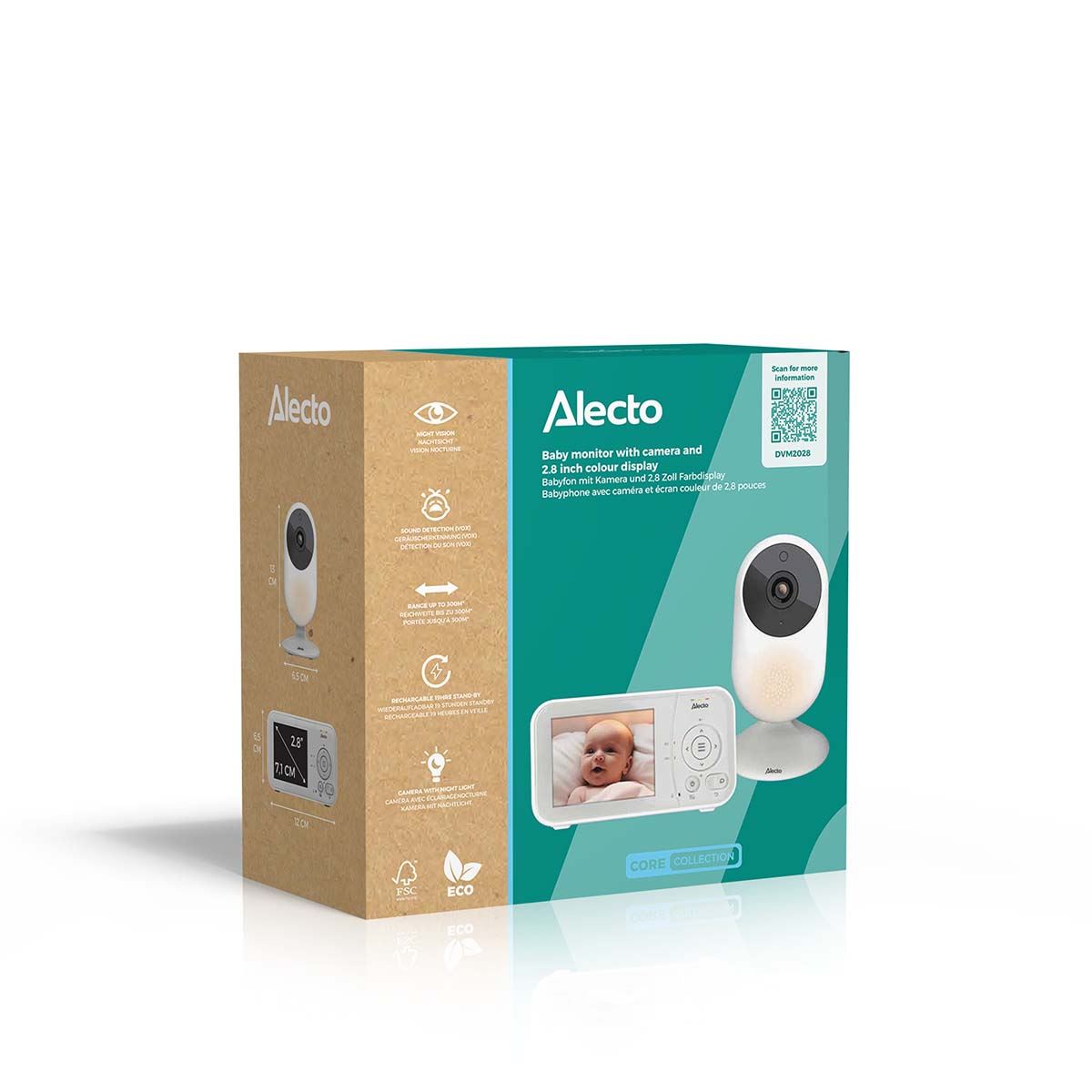 Alecto DVM-2028 Video Baby Monitor with Camera, 2.8" Inch No Wifi Baby Monitor, Temperature, Night Vision, Lullaby, Two-Way Audio - White