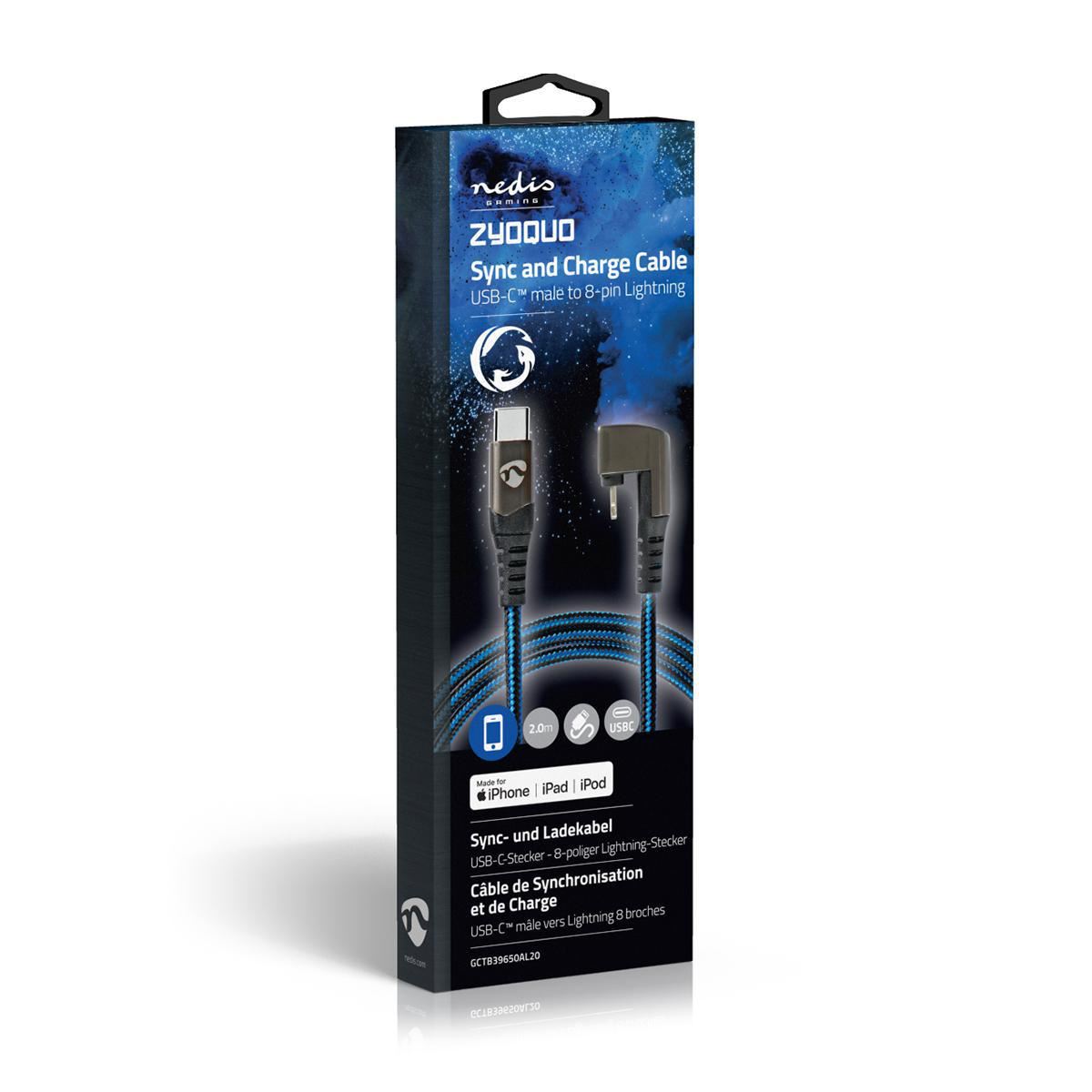 Nedis USB Cable | USB 2.0 | Apple Lightning 8-Pin | USB-C™ Male | 60 W | 480 Mbps | Nickel Plated | 2.00 m | Round | Braided / Nylon | Black / Blue | Cover Window Box