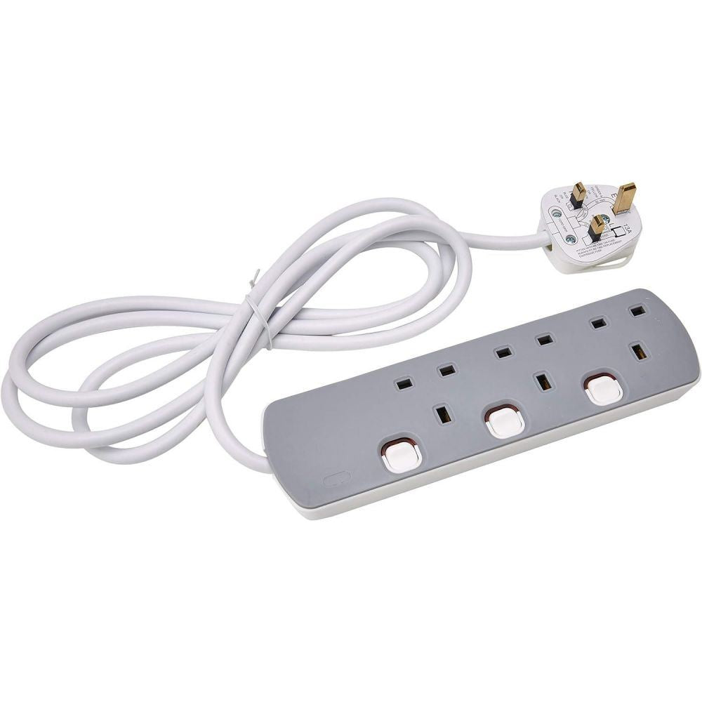 3 Gang 2m Mains Extension Lead Socket Individually Switched 13A - Grey