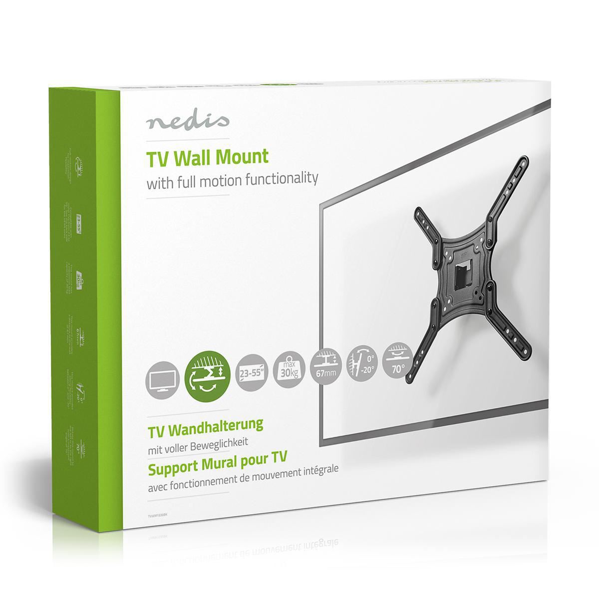 Nedis Full Motion TV Wall Mount | 23 - 55 " | Maximum supported screen weight: 30 kg | Tiltable | Rotatable | Minimum wall distance: 67 mm | Maximum wall distance: 67 mm | 1 Pivot point(s) | ABS / Steel | Black