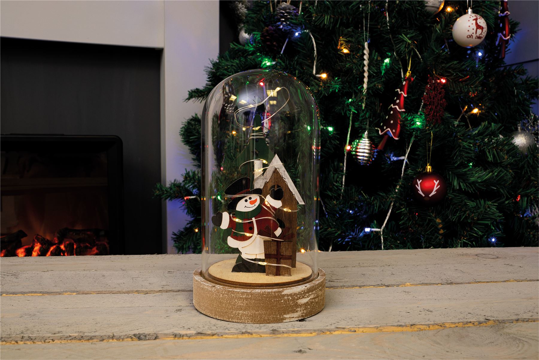 Light Up Cloche Snowman Christmas Scene with Glass Dome and Wire LED Lights Battery Powered