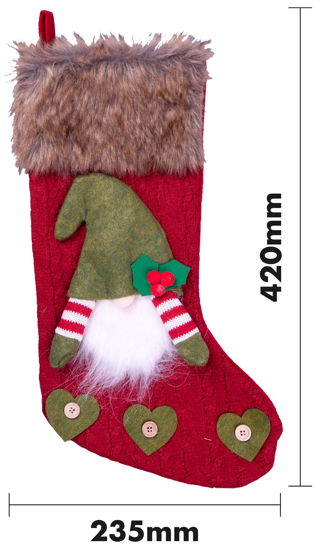 Luxury Gonk Design Christmas Fur Lined Knitted Stocking for Xmas Eve - Red