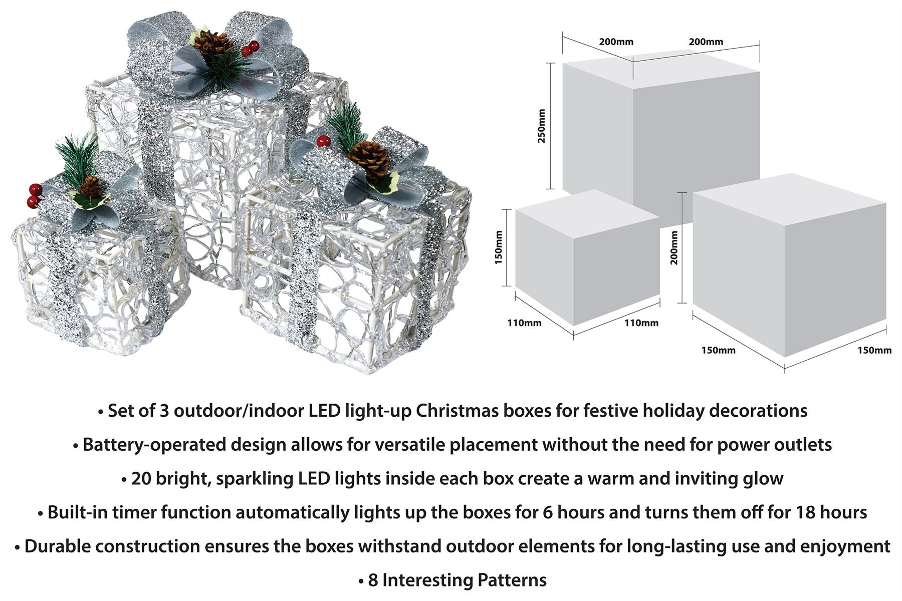 Set of 3 LED Light Up Christmas Gift Present Box Decoration Battery Operated With Timer 8 Patterns and 60 LED's - Silver