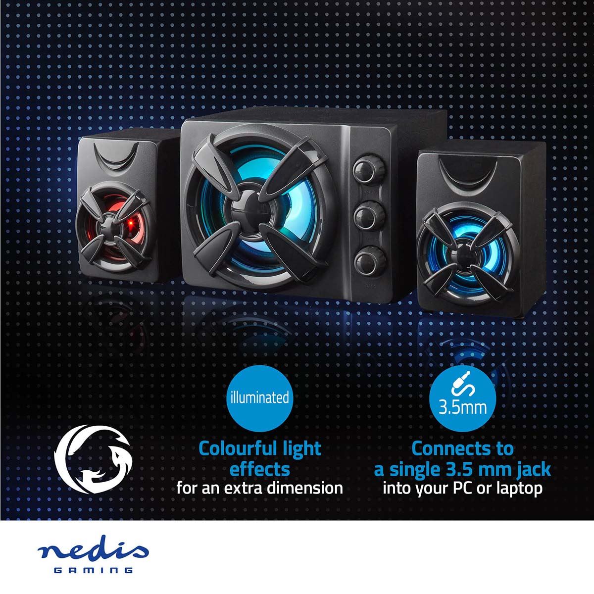Nedis Gaming Speaker | Speaker channels: 2.1 | USB Powered | 3.5 mm Male | 33 W | LED | Volume control