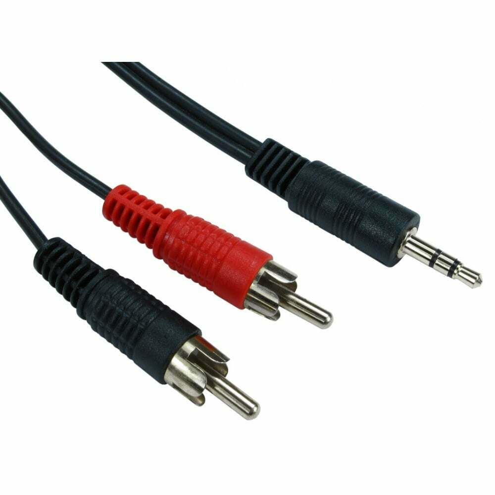 2m | 3.5mm Stereo Jack Plug | 2x RCA Male Phono Plugs | Cable - Black