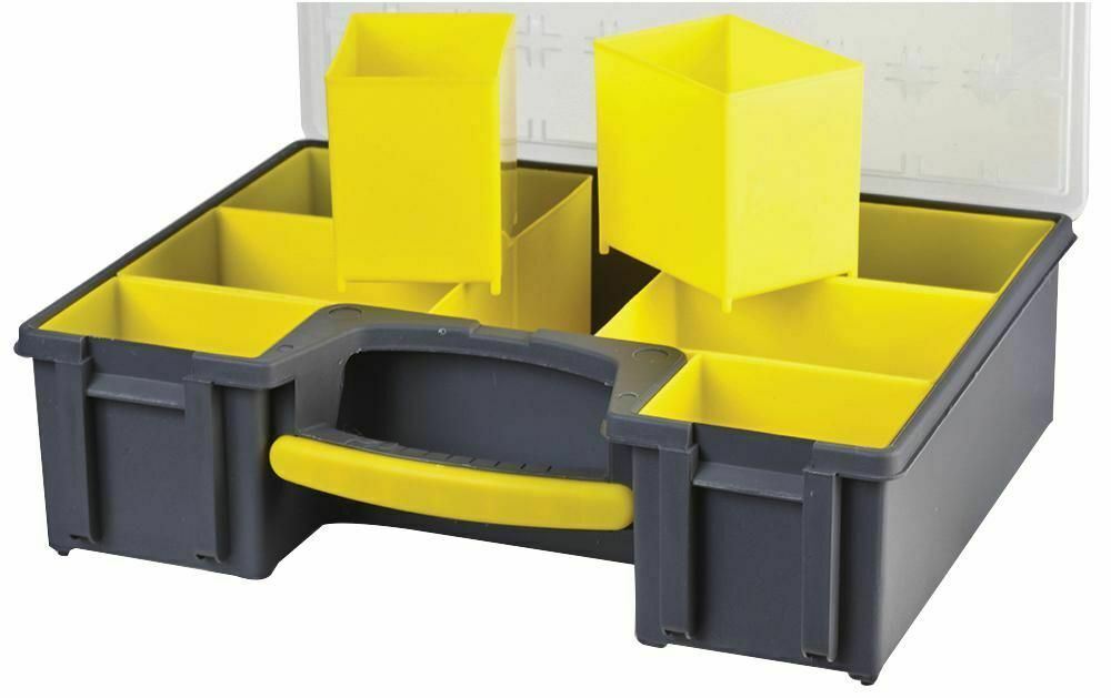 8 Compartment Grey / Yellow Organiser Deep Storage Case with Removable Trays - 420mm x 334mm x 115mm, Crafting, DIY etc.