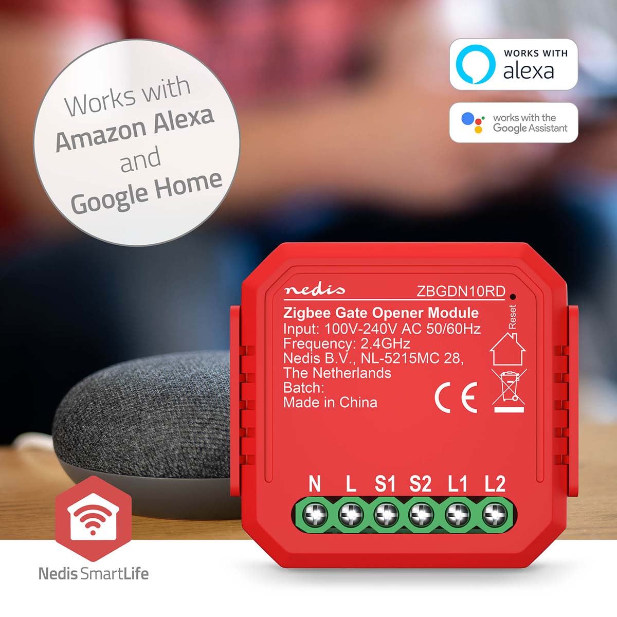 Nedis Smartlife Zigbee Garage Door Switch, Compact Built-In Module for Remote Control and Voice Commands, Compatible with Amazon Alexa and Google Home - Easy Installation Behind Existing Switch