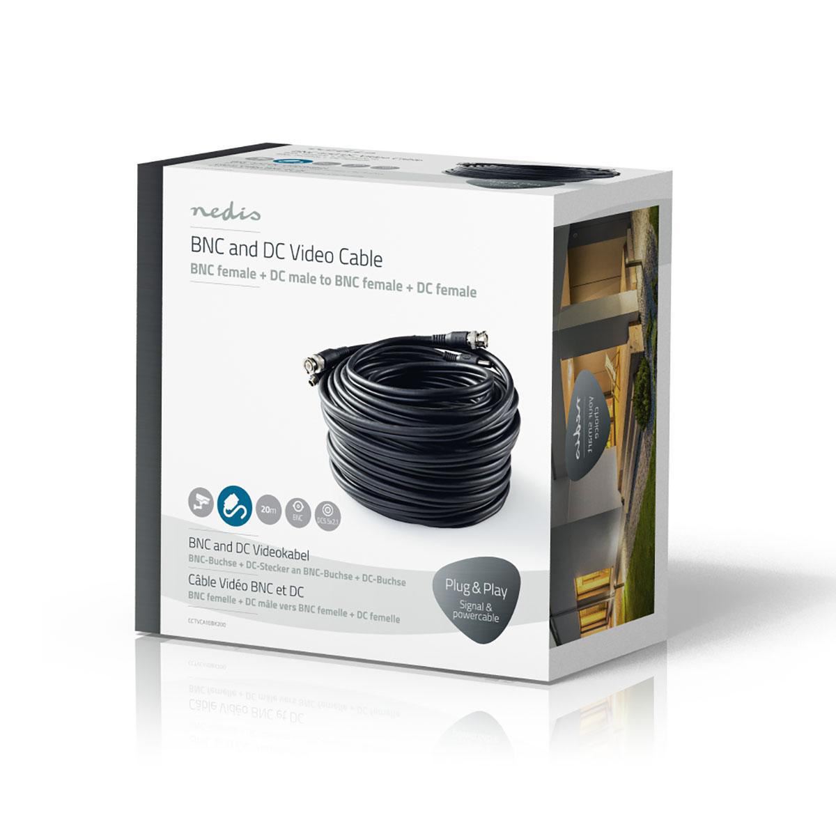 Nedis CCTV 20m Combination Installation Security Cable| BNC / DC Connections|Male to Female Dual Run|Round | PVC | Black