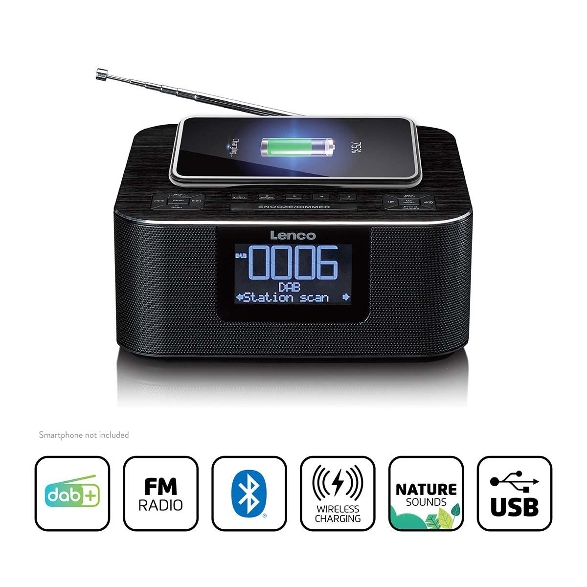 Lenco DAB+ FM Alarm Clock Radio with USB and Qi Wireless Smartphone Charging Pad | Black