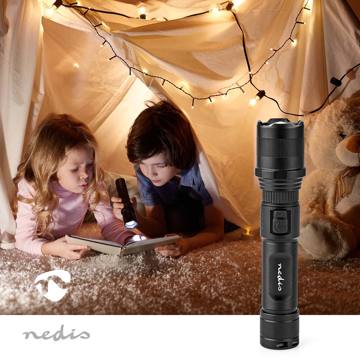 Nedis Rechargeable Led Torch with Adjustable Focus Beam, 1000 Lumens, USB-C Charging, Aluminium Alloy Housing, Power Indicator, IpX4 Splash Resistant, 110m Beam Distance