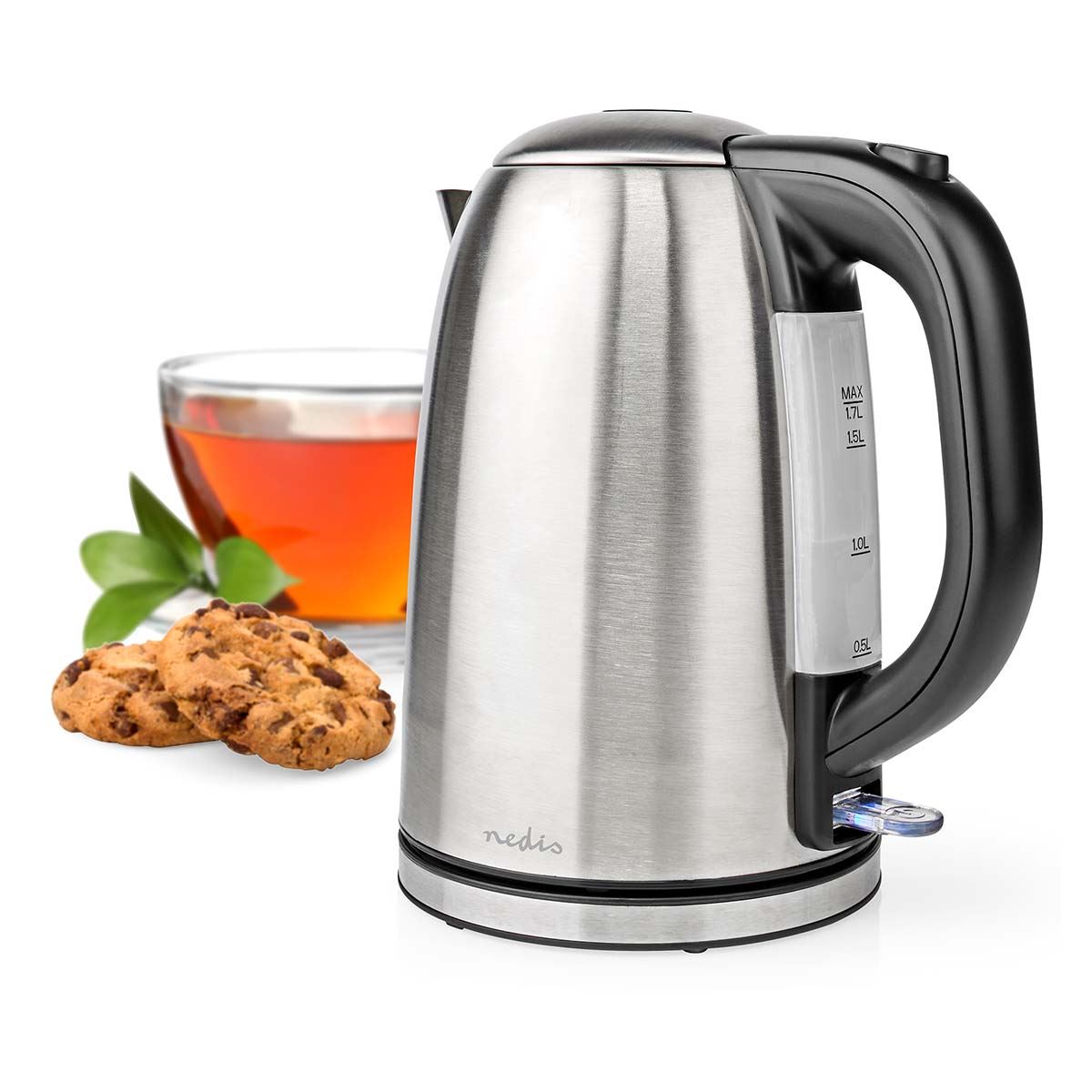 Nedis 1.7L Electric Kettle Cordless Silver 2200W Boil Dry Protection Auto Switch Off