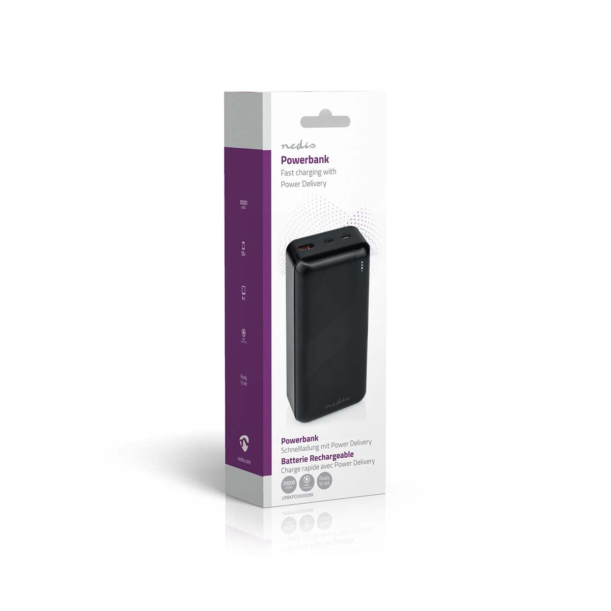 Nedis Powerbank | 30000 mAh | 1.5 / 2.0 / 3.0 A | Number of outputs: 2 | Output connection: 1x USB-A / 1x USB-C™ | Input connection: 1x Micro USB / 1x USB-C™ | PD3.0 20W | Lithium-Polymer