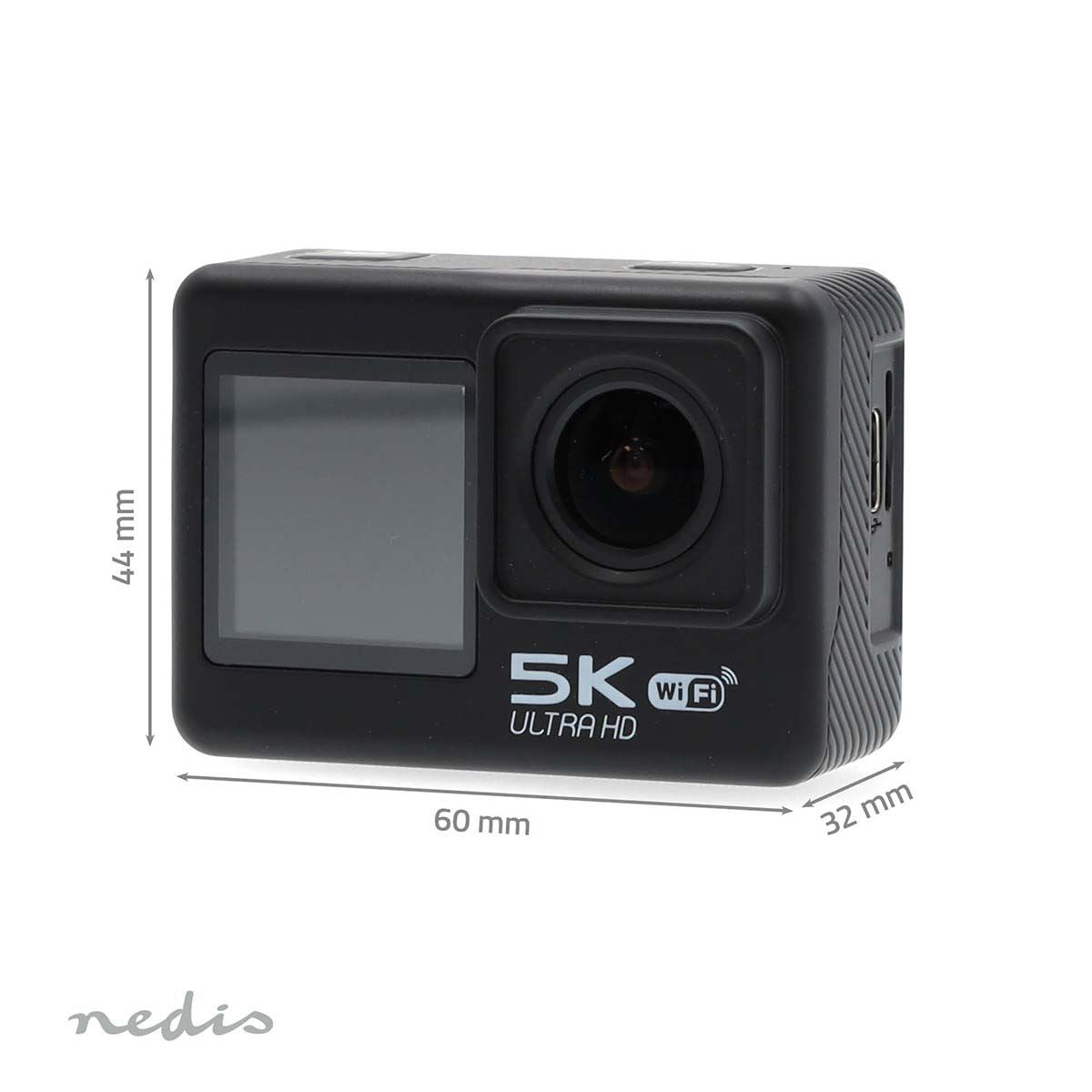 Nedis Dual Screen Action Cam, 5K Ultra HD 30fps, 16MP 170 Degree Wide Angle, Waterproof 30m, Wi-Fi Live Stream with 2" TFT Rear Screen & 1.3" Front Screen, Built-in Mic, Mounting Kit Included