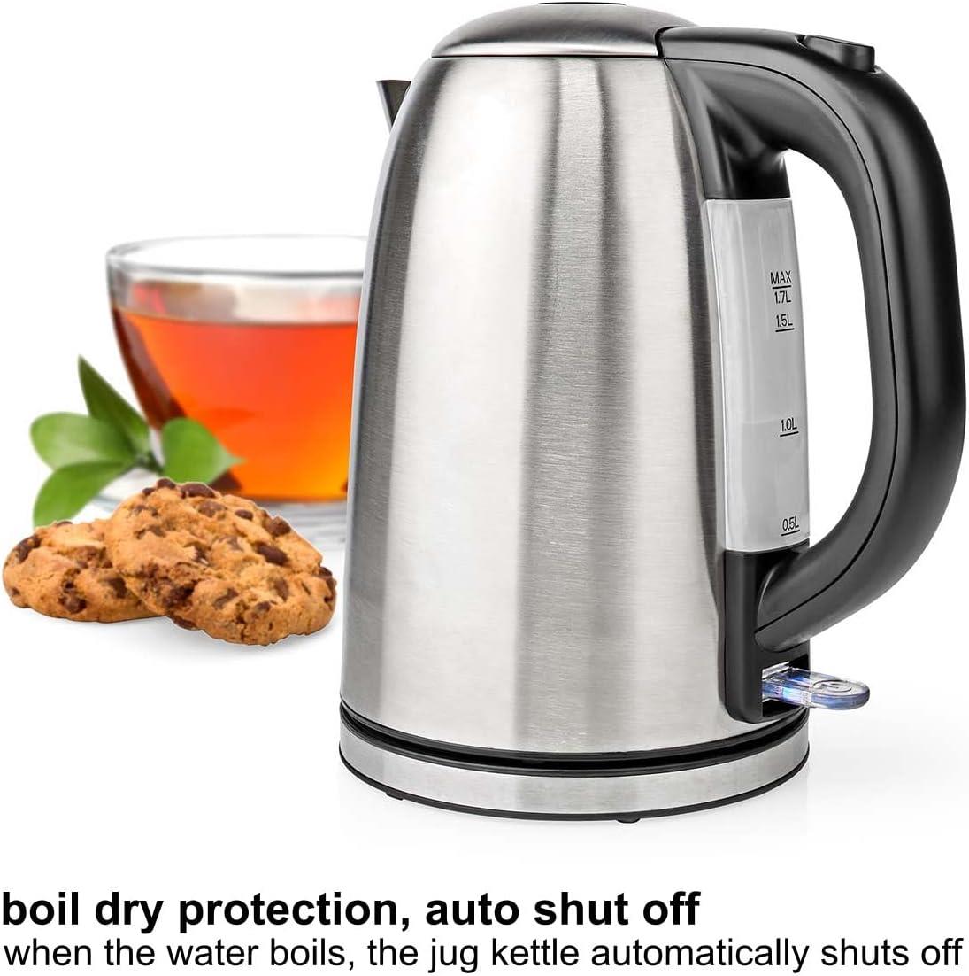 Nedis 1.7L Electric Kettle Cordless Silver 2200W Boil Dry Protection Auto Switch Off