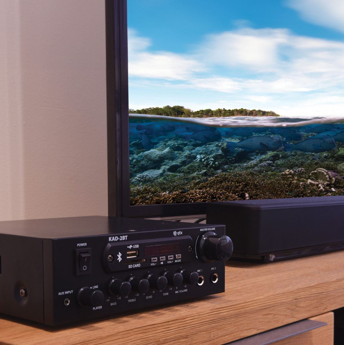 QTX KAD-2BT Bluetooth HiFi Stereo Amplifier 2 x 55W FM USB Aux Mic Desktop Mini Amp