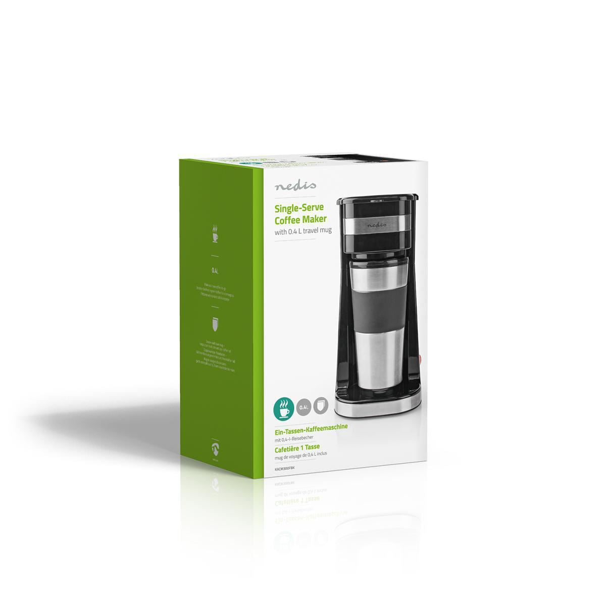 Nedis Single Serve 1 Cup Electric Filter Coffee Maker + 0.42L Double Wall Travel Mug - Black