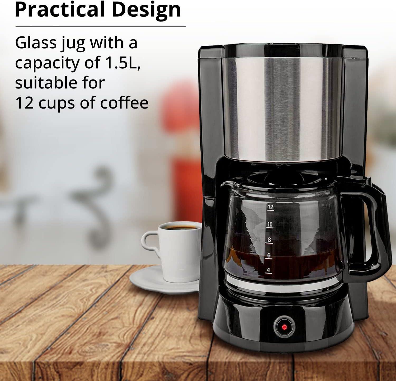 Nedis 1.25L Filter Coffee Machine with Keep Warm for 10 Cups, Anti Drip Function, Reusable Filter - Black/Silver