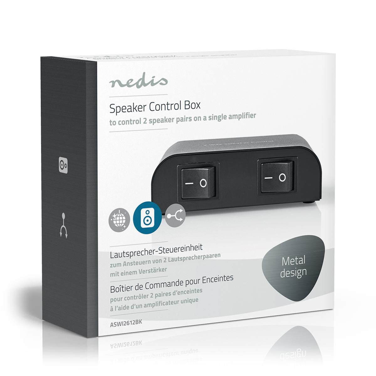 Nedis Speaker Control Switchbox | 2 port(s) | Terminal Screws | Speaker impedance: 4-16 Ohm | Maximum load per channel: 150 W | Aluminium | Black