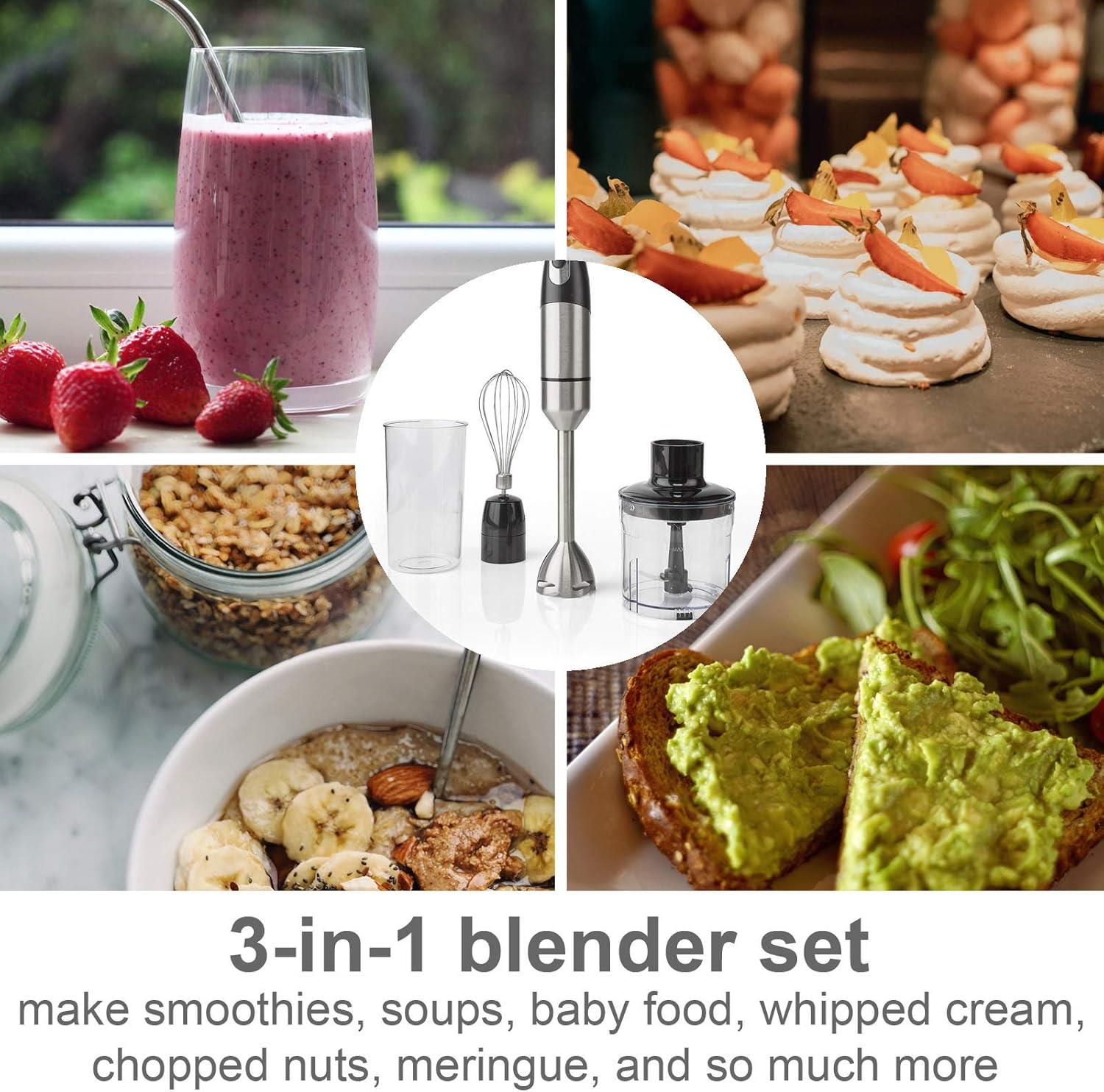 Nedis 3 in 1 Hand Blender, 800W Mini Chopper Food Processor, Immersion Blender and Electric Whisk, with 500ml Chopper Bowl and 900ml Beaker - Silver/Black