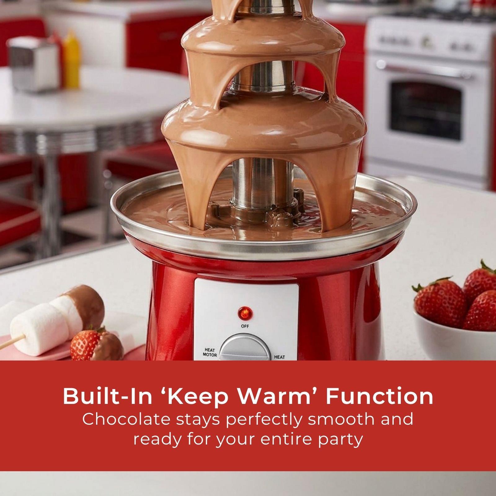 MELISSA Chocolate Fountain, Retro 3 Tier Table Top Machine with 500ml Capacity, Heat & Motor Settings, 90W - Red/White