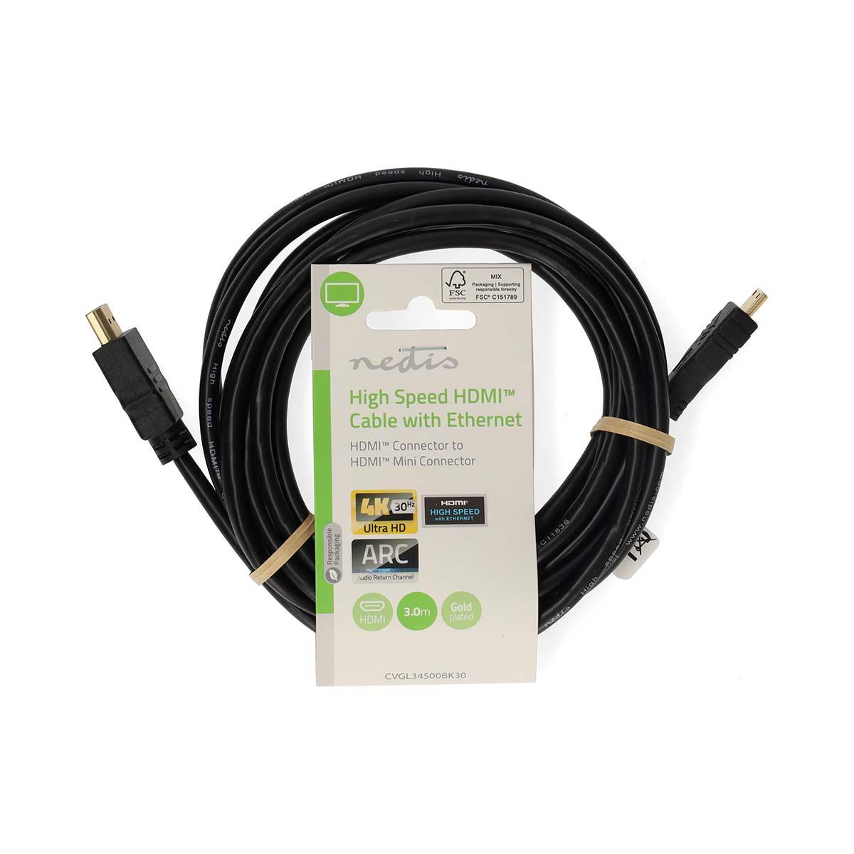 Nedis High Speed HDMI™ Cable with Ethernet | HDMI™ Connector | HDMI™ Mini Connector | 4K@30Hz | 10.2 Gbps | 3.00 m | Round | PVC | Black | Label