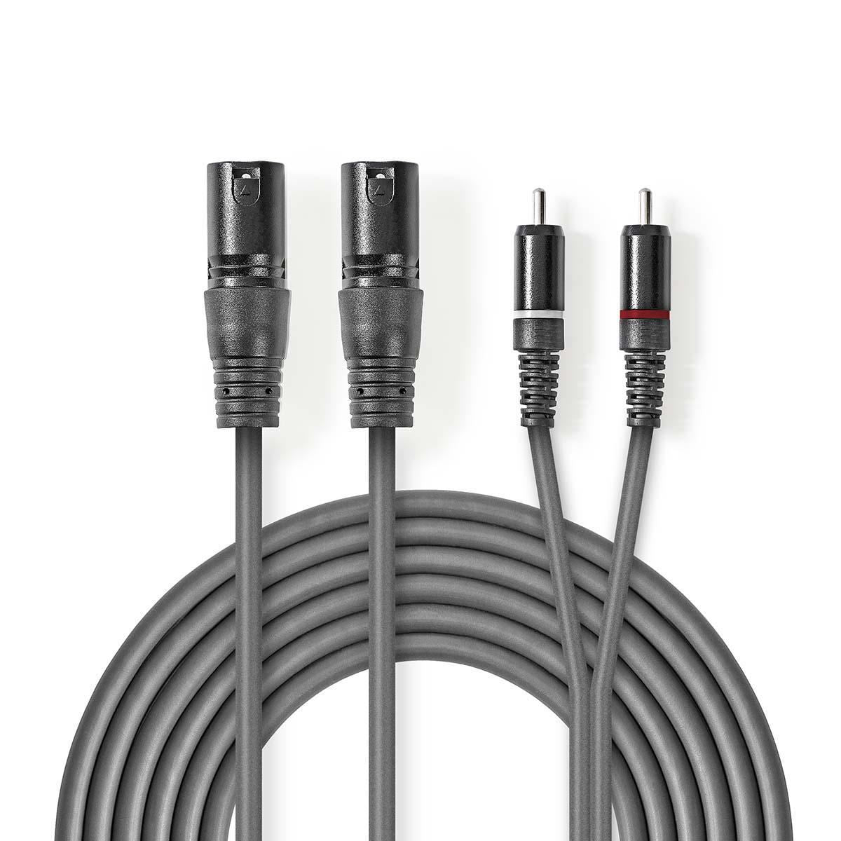 Nedis Balanced Audio Cable | 2x XLR 3-Pin Male | 2x RCA Male | Nickel Plated | 3.00 m | Round | PVC | Dark Grey | Carton Sleeve