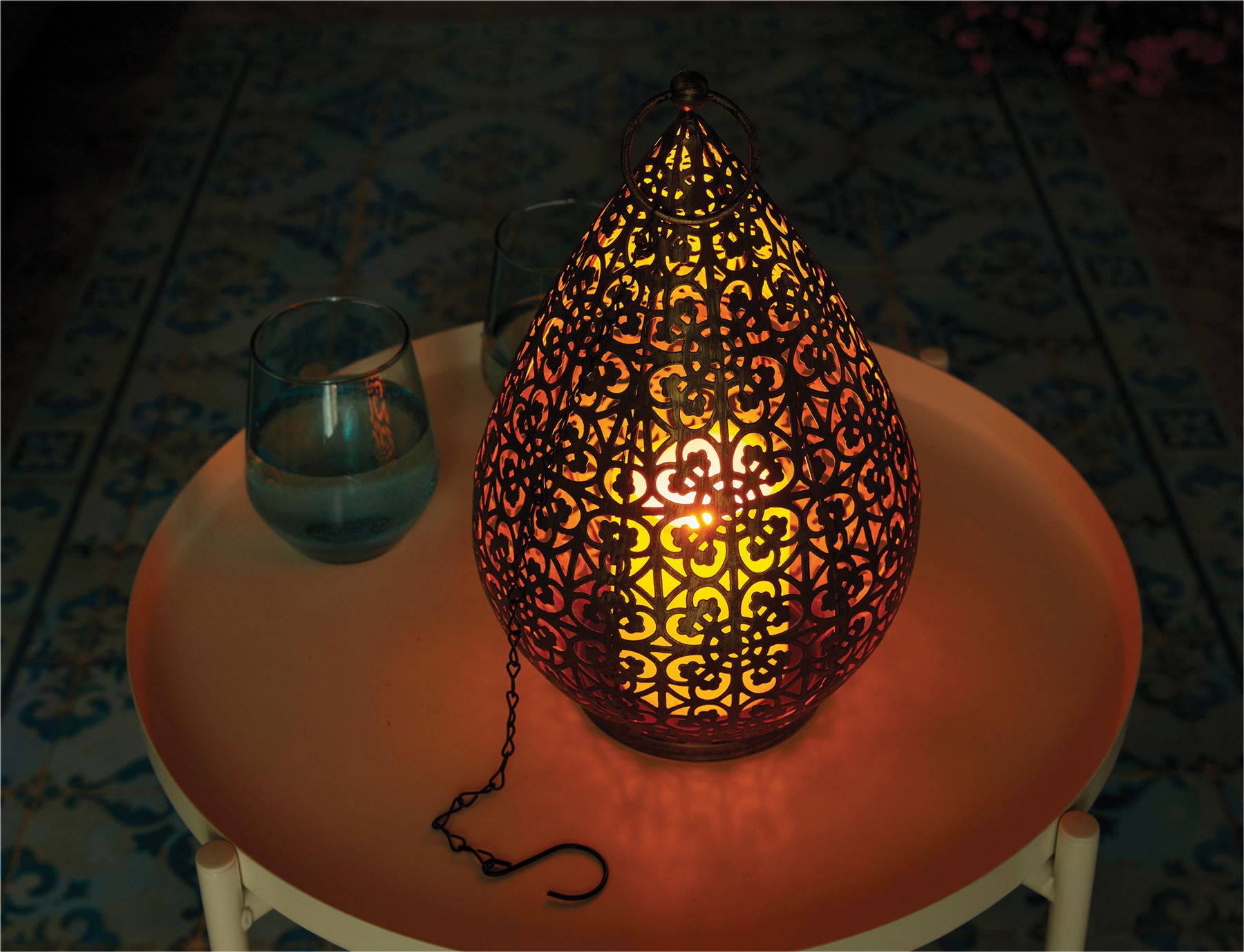 Moroccan Style LED Hanging Light Lantern USB Rechargeable Outdoor Warm White with Timer - Antique Bronze