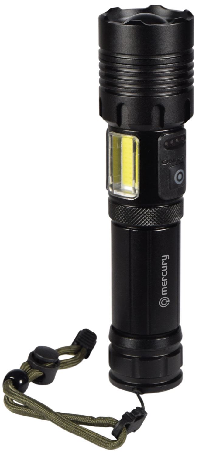 Mercury Mercury | Flashlight COB LED Rugged 7-Mode & Emergency Lamp with USB Rechargeable 5000mAh Powerbank, Telescopic Zoom, and Water-Resistant Metal Body – Ideal for Camping, Hiking, and Emergency Use