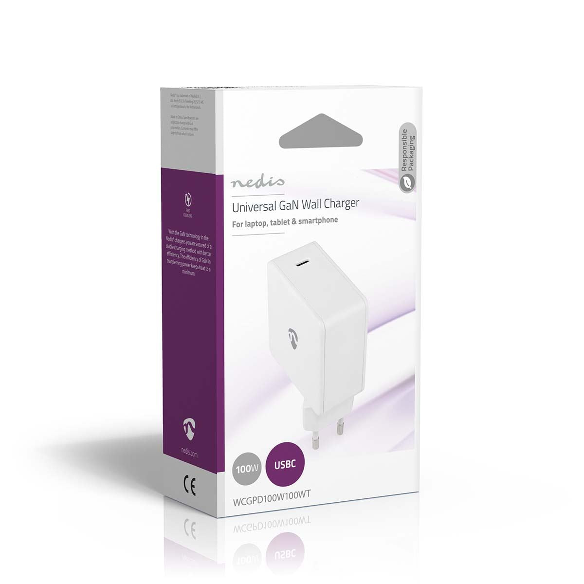 Nedis EU Euro Travel Wall Charger | 100 W | GaN | PD3.0 100W / PD3.0 30W / PD3.0 45W / PD3.0 60W / PD3.0 65W | Quick charge feature | 3.0 / 5.0 A | Number of outputs: 1 | USB-C™ | Automatic Voltage Selection | White