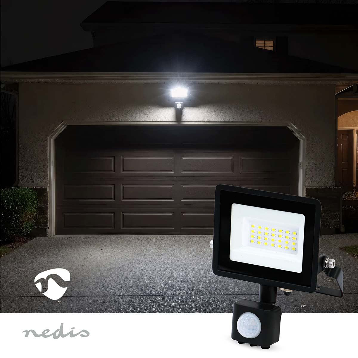 Nedis LED Floodlight with Motion Sensor - 20W Outdoor Security Light, 1620lm, 4000K Neutral White, Adjustable Timer, IP Rated, Wall Mount