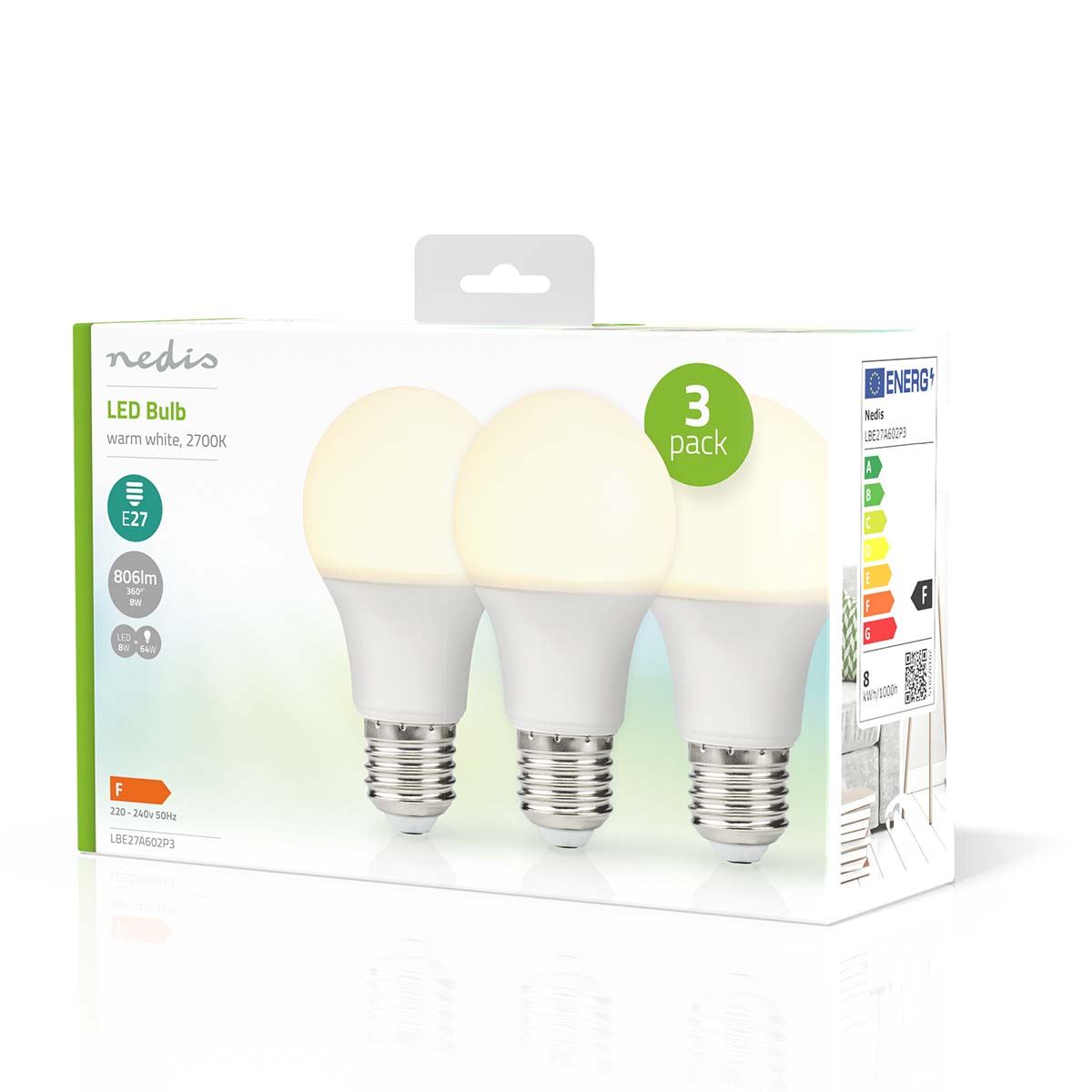 Nedis LED Bulb E27 | A60 | 8.0 W | 806 lm | 2700 K | Warm White | Retro Style | Frosted | 3 pcs