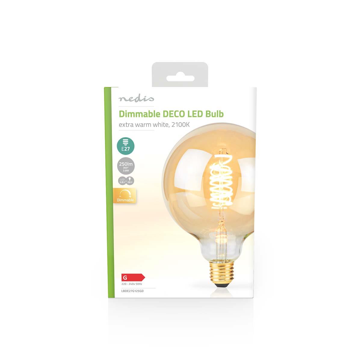 Nedis G125 Shaped Decorative LED Filament Bulb, E27 Cap, 250 Lumen 3.8W, Dimmable, Extra Warm White 2100,K Retro Style Glass Bulb - Long Life 15000h