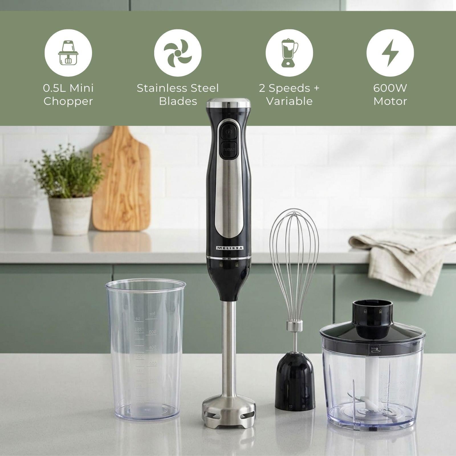 MELISSA 600W Hand Blender, Handheld Stick Immersion Mixer with Stainless Steel Blades, Ideal for Smoothies Shakes Baby Food Soup Purees & Sauces
