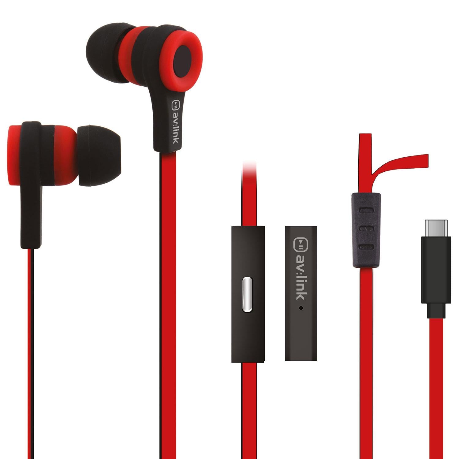 Av:link Rubberised Stereo Earphones with Microphone - Wired In-Ear Headphones, 10mm Drivers, Tangle-Free Flat Cable, 3.5mm / USB-C - Red & Black