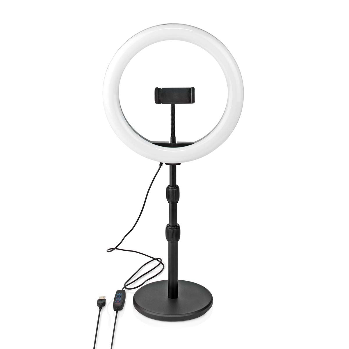 Nedis Ring Light, 10" LED Ring Lamp with 120 LEDs on Aluminium Table Stand, USB Powered, with Flexible Phone Holder, 10 Light Modes