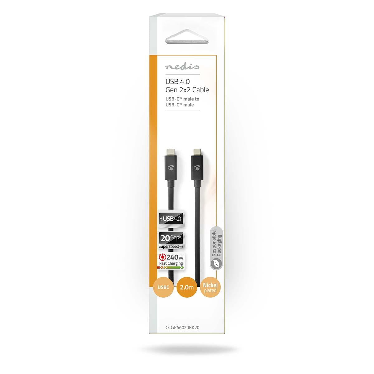 Nedis USB Cable | USB 4.0 Gen 2x2 | USB-C™ Male | USB-C™ Male | 240 W | 8K@60Hz | 20 Gbps | Nickel Plated | 2.00 m | Round | PVC | Black | Envelope
