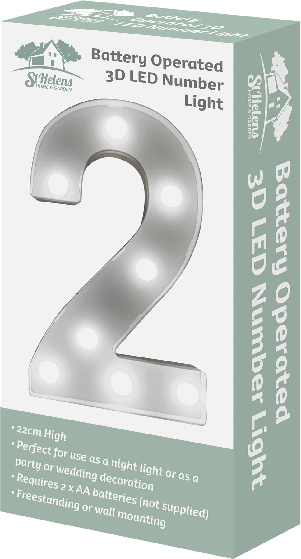 "2" Light Up 3D LED 22cm Numbers Party Birthday Wedding Battery Operated