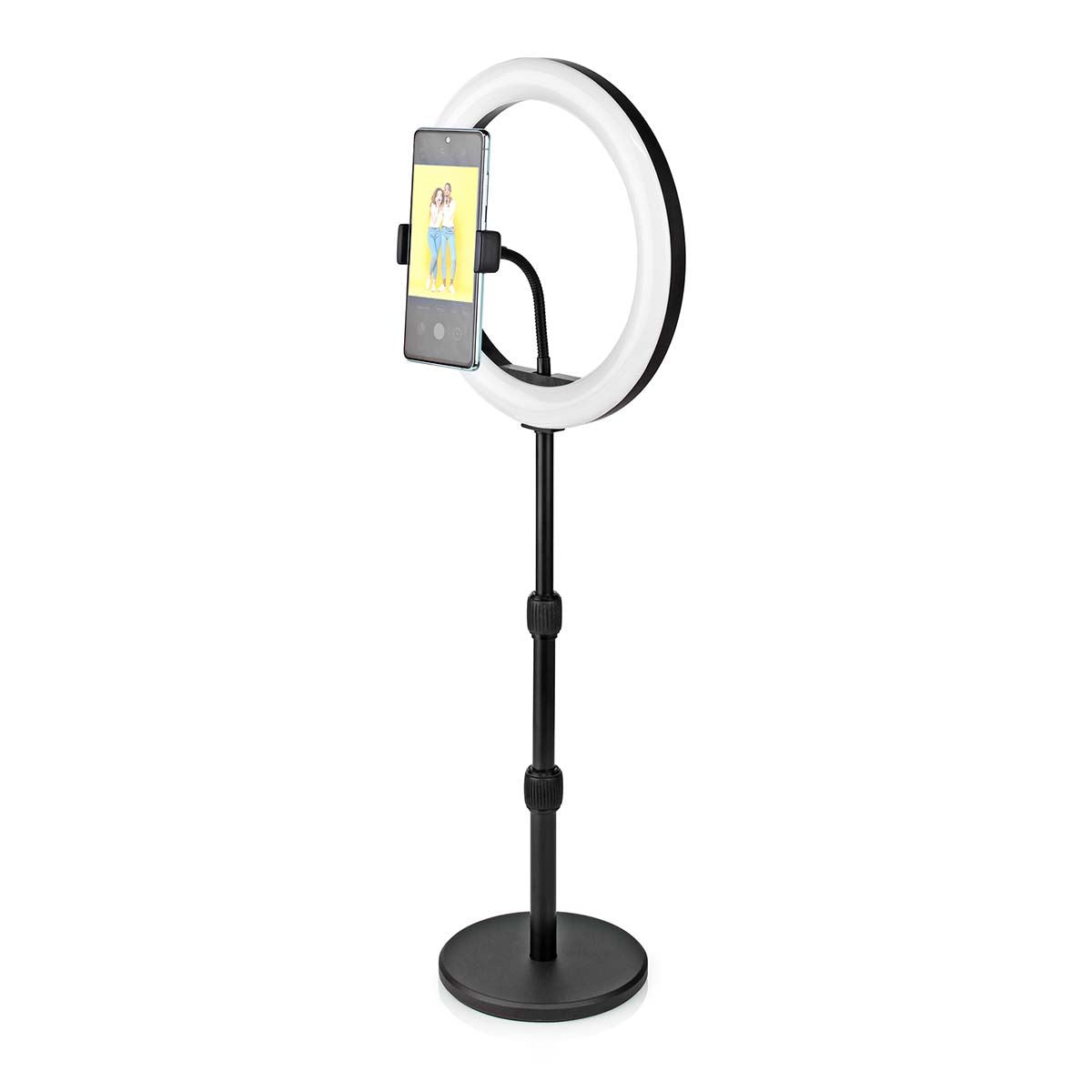 Nedis Ring Light, 10" LED Ring Lamp with 120 LEDs on Aluminium Table Stand, USB Powered, with Flexible Phone Holder, 10 Light Modes