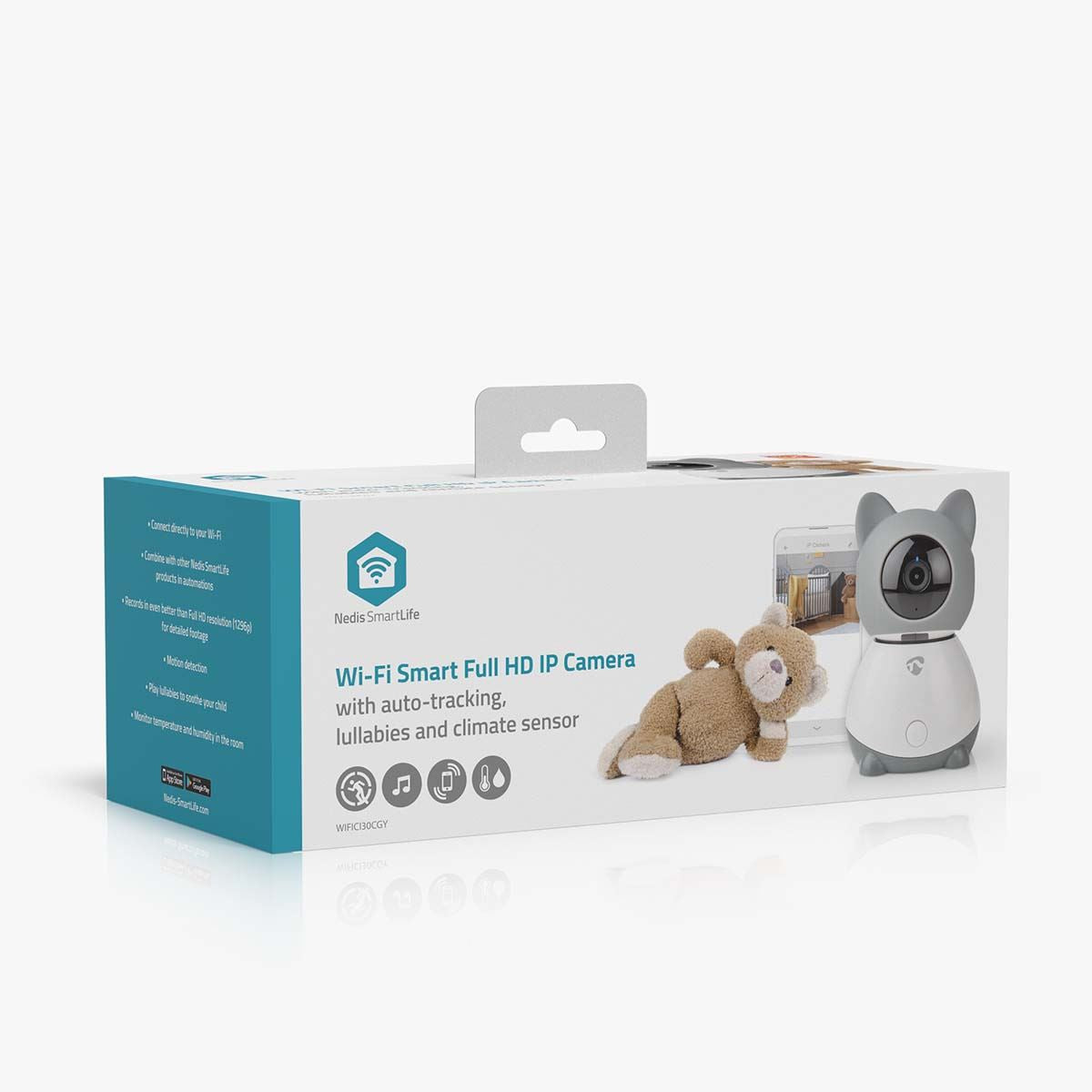 Nedis Smart Wifi Baby Monitor, Indoor Camera Full HD 1080p, Night Vision, PTZ, Motion & Sound Detection, 2-Way Audio, Humidity & Temperature Sensor, App Control - White/Grey