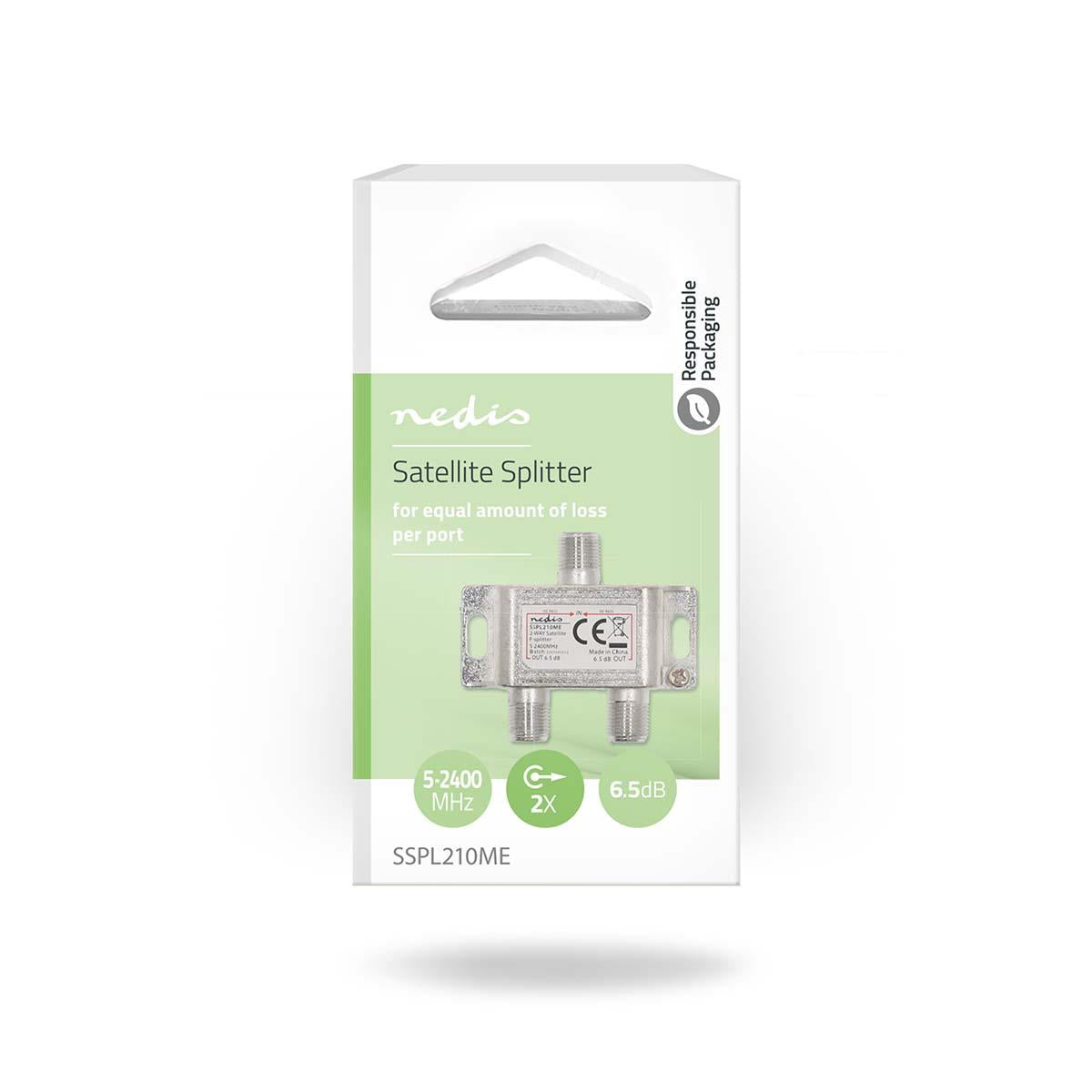 Nedis Satellite Splitter | 5 - 2400 MHz | 6.5 dB | Number of inputs: 1 | Number of outputs: 2 | Impedance: 75 Ohm | Zinc | Silver