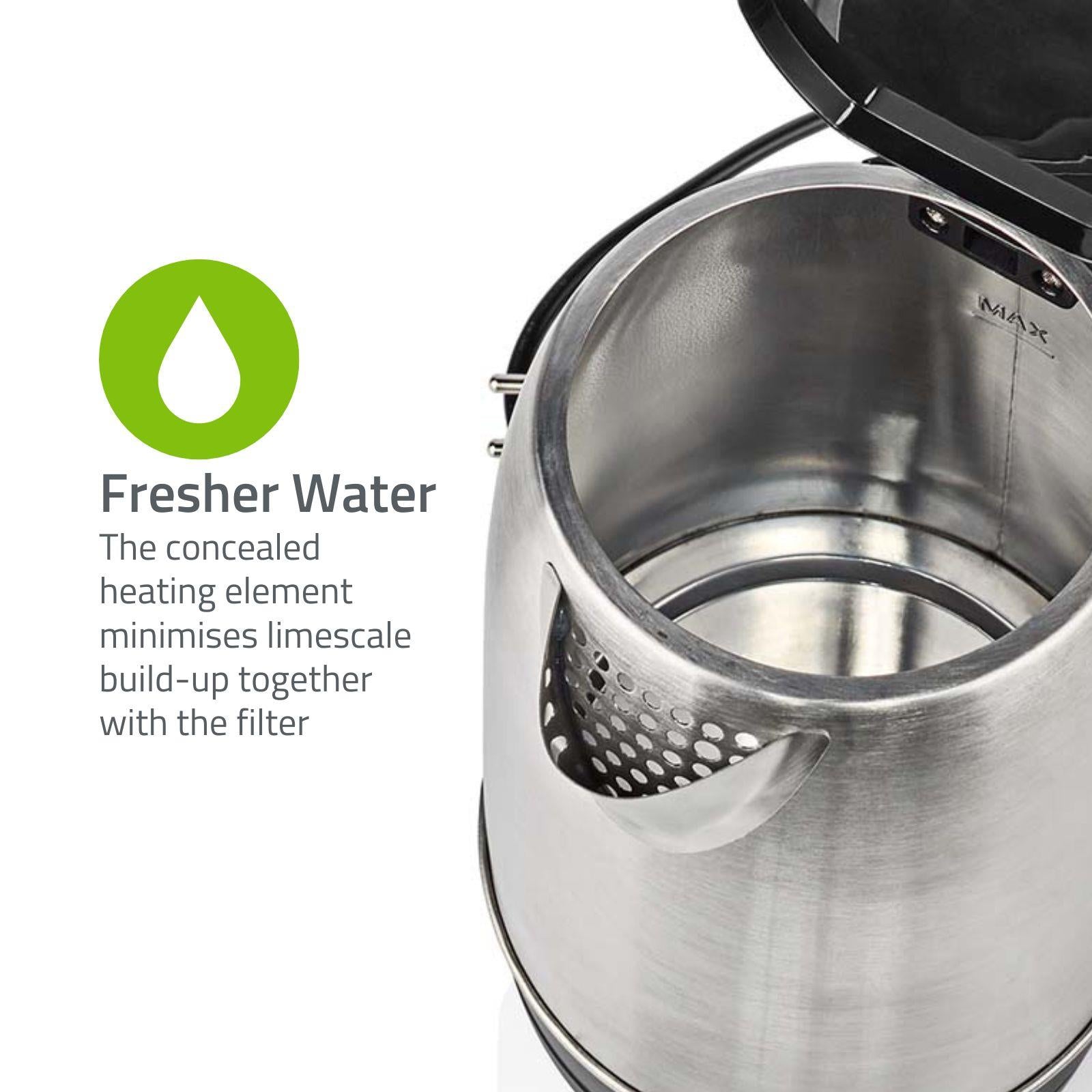 Nedis Electric Kettle, 1.7L, 2200W, Stainless Steel Jug with Quick Boil Time, Boil Dry Protection and Auto Shut Off, Cordless 360° Swivel Base, for Hot Water Tea or Coffee - Silver