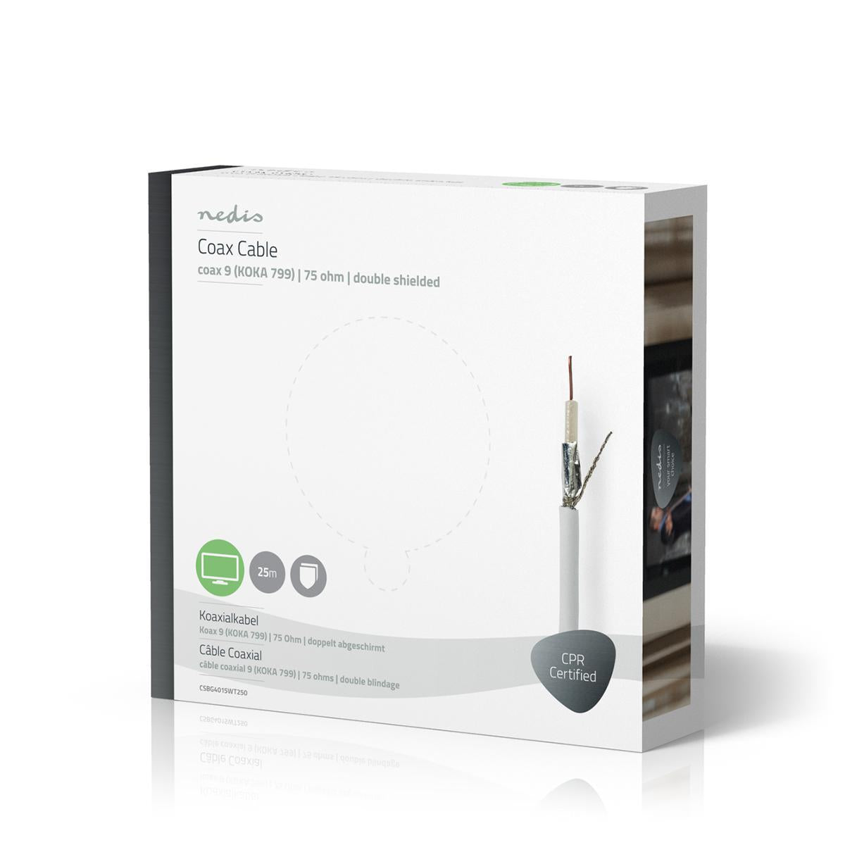 Nedis Coax Cable On Reel | RG59 | 75 Ohm | Double Shielded | ECA | 25.0 m | Coax | PVC | White | Gift Box