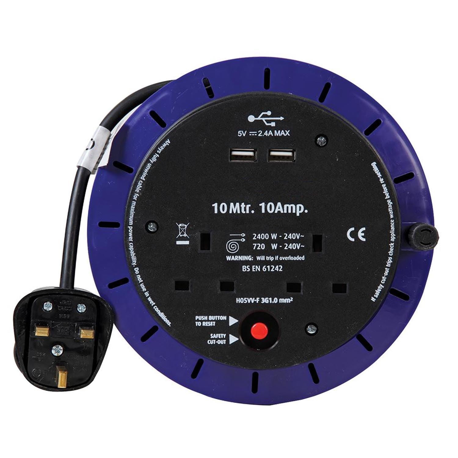 2 Gang 10m Mains Extension Socket Lead Cassette Reel with USB, 10A