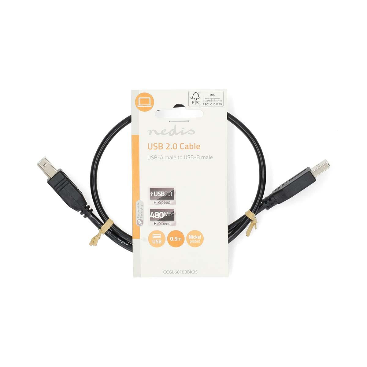 Nedis USB Cable | USB 2.0 | USB-A Male | USB-B Male | 10 W | 480 Mbps | Nickel Plated | 0.50 m | Round | PVC | Black | Label