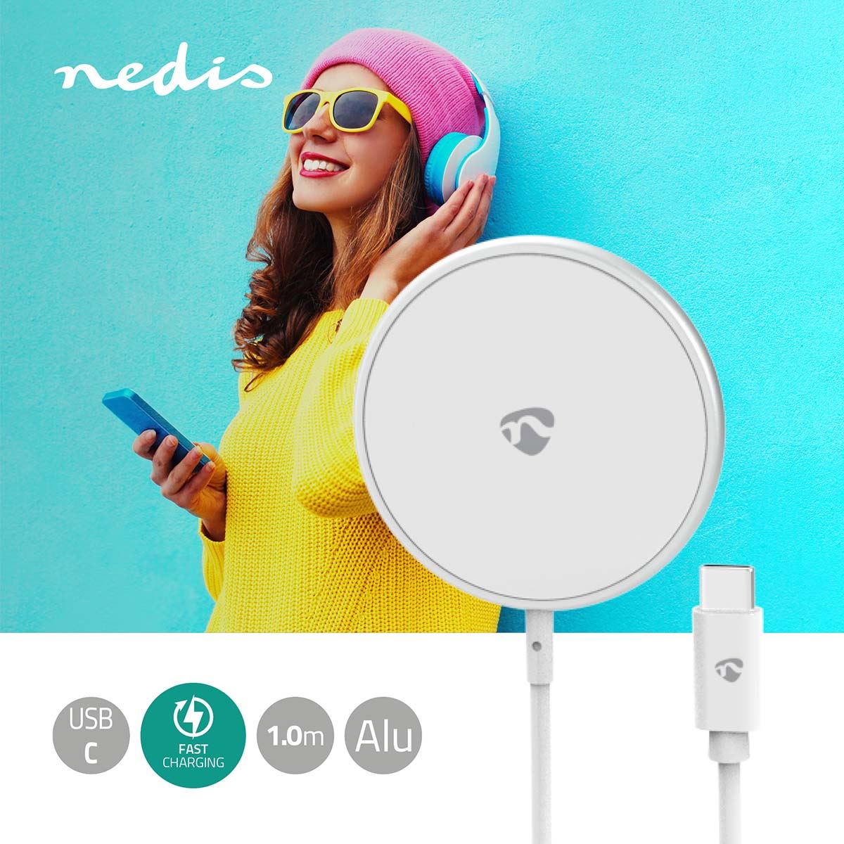 Nedis Wireless Charger | 5 / 7.5 / 10 / 15 W | 1.0 / 1.1 / 1.67 / 2 A | Including cable | USB Type-C™ | 1.00 m
