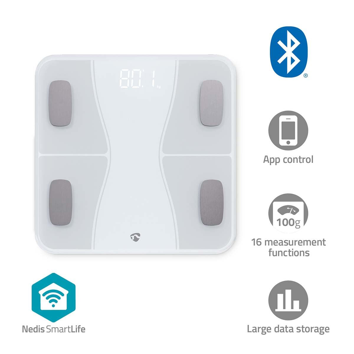 Nedis SmartLife Bluetooth Smart Weighing Scale, BMI Body Analysis with 16 Measurements Including BMI, Fat & Muscle Mass, 180 kg Capacity, Compatible with Fitbit, iOS & Android App - White
